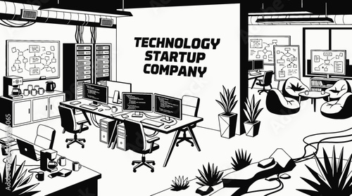 technology startup company office corporate business interior workplace professional commercial workspace design management team meeting modern environment with open space desks computers glass walls