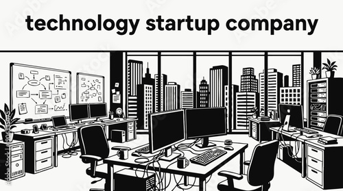 technology startup company office corporate business interior workplace professional commercial workspace design management team meeting modern environment with open space desks computers glass walls