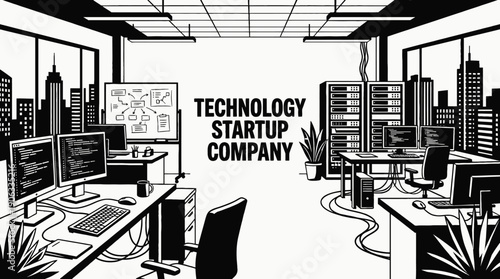 technology startup company office corporate business interior workplace professional commercial workspace design management team meeting modern environment with open space desks computers glass walls