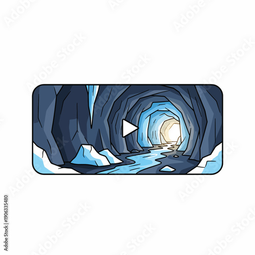 A cartoonish illustration of an icy cave with a stream