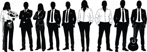 Diverse vector collection of professional people silhouettes featuring business men and women in formal suits, casual office attire, and musicians for creative corporate projects.