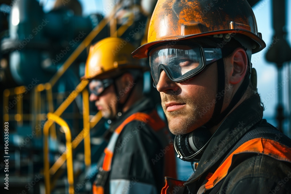 Fototapeta premium Oil and gas workers wearing flame-resistant PPE, hard hats and face shields on offshore platform