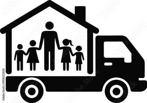 Family moving into a new home on a truck