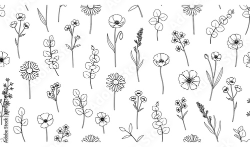 Spring summer floral seamless pattern hand drawn line art vector