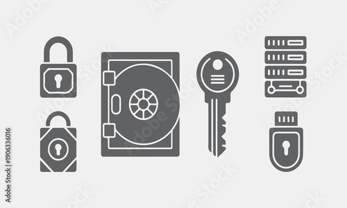 Cryptographic key vault silhouette icons. Data security icons featuring locks keys and storage devices isolated transparent background