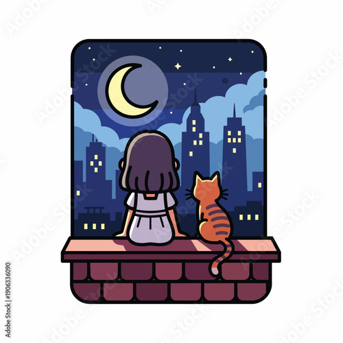 A girl and cat gaze at a nighttime cityscape
