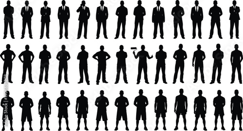 Diverse vector collection of professional people silhouettes featuring business executives, culinary chefs, service workers, and formal characters for corporate team and career design concepts.