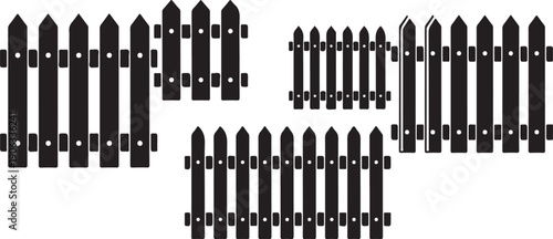 Black picket fence sections with pointed tips and horizontal rails black fence