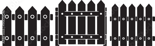 Black picket fence with gate white background