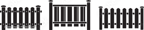 Black silhouette fence gate and picket fence sections white background