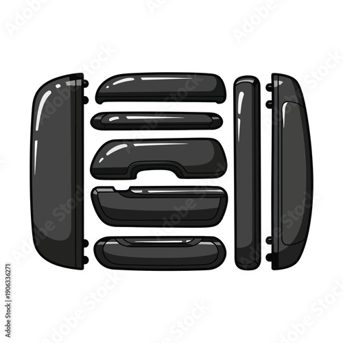 A collection of shiny black car door handles