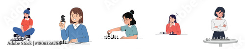 Chess Girls Strategy Thinking Smart Player Brain Game Flat Design Vector Collection