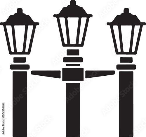 Black silhouette of three street lamps on posts lamp posts three lamps urban lighting
