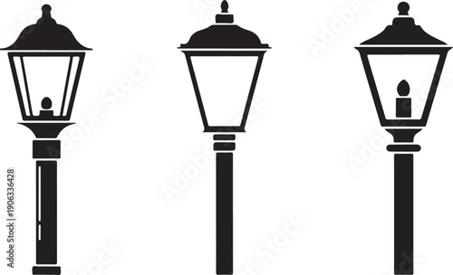 Black silhouette street lamps on white background lamp posts outdoor lighting