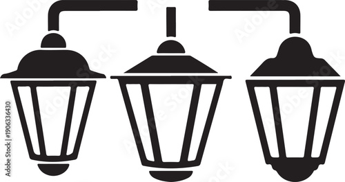 Black silhouette street lamps on white background outdoor lighting urban