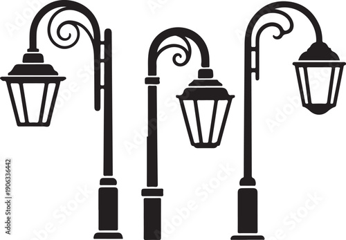 Black silhouette street lamps with curly scrolls lamp posts outdoor lighting