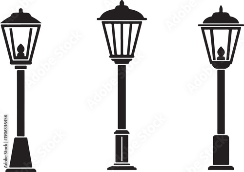 Black silhouettes of three different street lamps on white background lamp posts 2