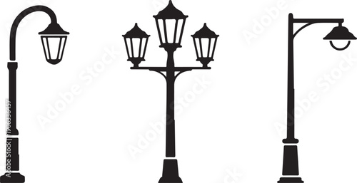 Black silhouettes of three different street lamps on white background lamp posts 1