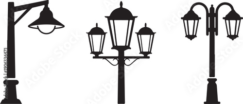 Black silhouettes of three different street lamps on white background lamp posts