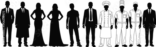 Diverse vector collection of professional people silhouettes featuring business executives, culinary chefs, formal gala guests, and various service workers for corporate and lifestyle design.