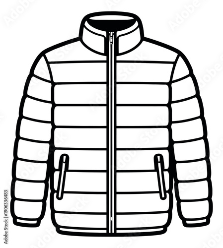 Line art illustration of a puffer jacket depicting winter outerwear for cold weather