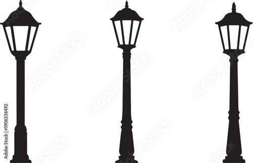 Black silhouettes of three street lamps on white background lamp posts