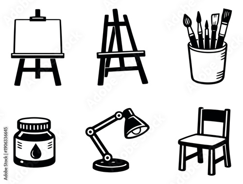 Line art art studio equipment set featuring easels, paint brushes, an ink bottle, a desk lamp, and a chair for creative design projects