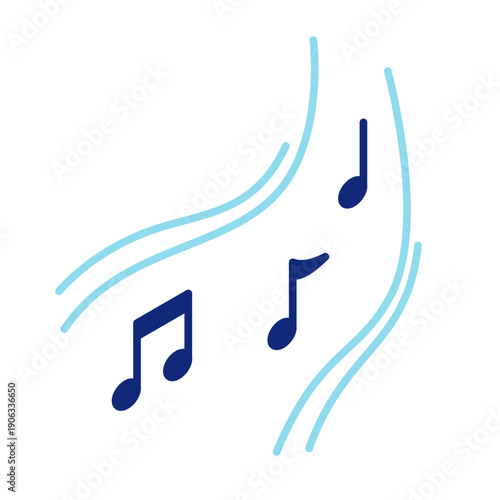 音、メロディ、お知らせ音が聞こえるイメージイラスト。音符が流れているイラストアイコン。