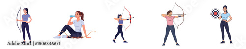 Archery Girls Character Pack Female Archer Poses Sport Hobby Flat Design Vector
