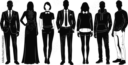 Diverse vector collection of people silhouettes featuring men and women in casual streetwear, formal business suits, and trendy autumn outfits for lifestyle design concepts.