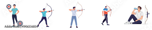Archery Practice Outdoor Archer Lifestyle Bow Shooting Activity Flat Design Vector Collection
