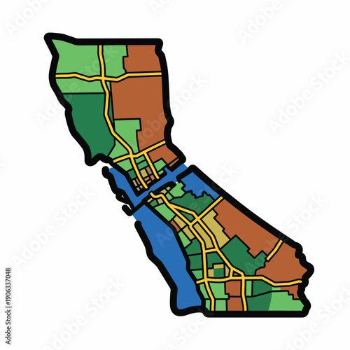 A colorful map of California with roads and bodies of water