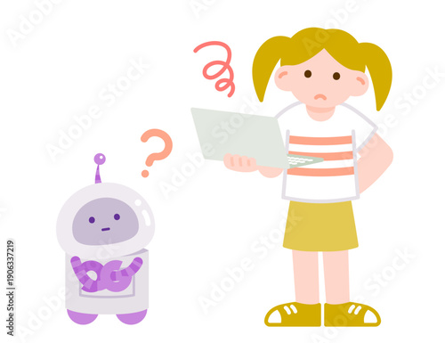 ノートパソコンを持った子供とサポート役のAIロボットが一緒に悩む