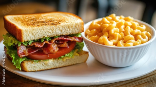 A delicious BLT sandwich and macaroni on a white plate