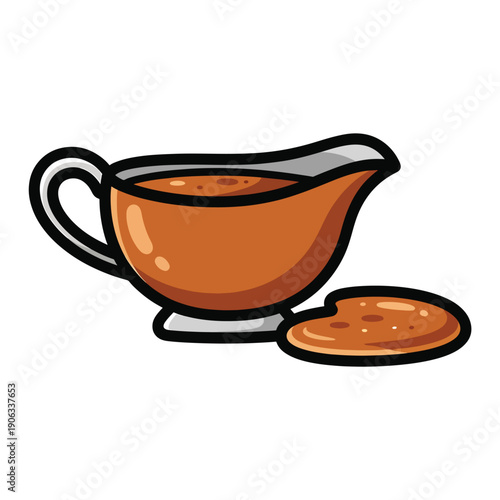 A cartoon-style gravy boat with a cookie