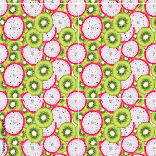 Seamless pattern of exotic kiwi and dragon fruit slices on white background