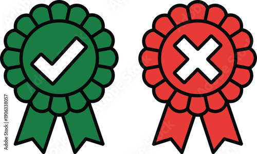 Two Rosette Ribbons: One Green with Checkmark, One Red with X Mark