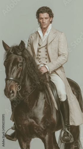 Male Model In Cream Victorian Suit Riding A Black Horse