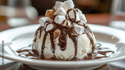 A decadent dessert of ice cream smothered in chocolate and marshmallows