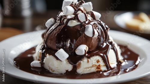 A decadent dessert of ice cream smothered in chocolate sauce and marshmallows