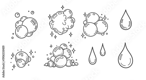Hand drawn illustration of bubbles droplets and sparkling elements