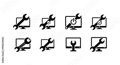 Black and white icons depicting computer repair and maintenance services