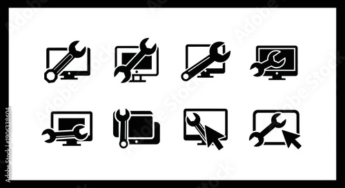 Black and white icons depicting computer repair and maintenance tools