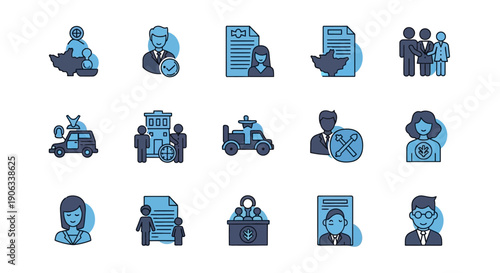 Collection of blue line icons representing various professional roles and services