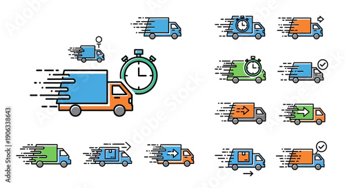 Fast delivery service icons featuring trucks clocks and packages