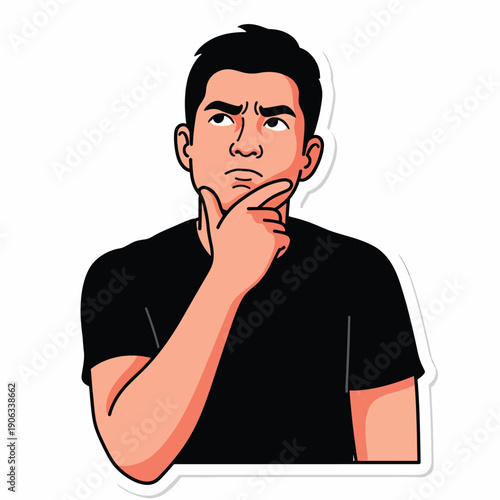 A man in a black shirt thinking