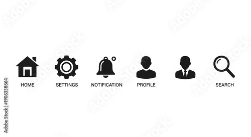 Black and white icons representing common website or app functions