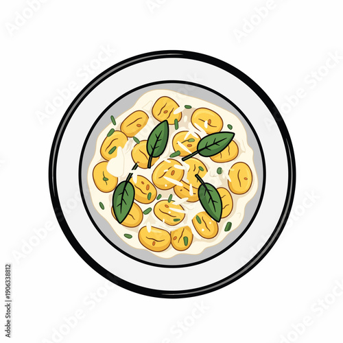 A plate of ravioli with cream sauce and basil
