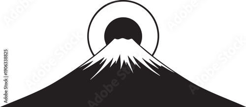 Mount Fuji silhouette with rising sun, iconic Japanese natural landmark.