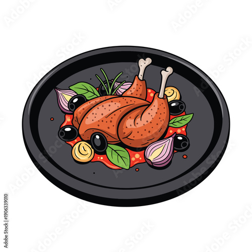 A plate of roasted chicken with vegetables and sauce